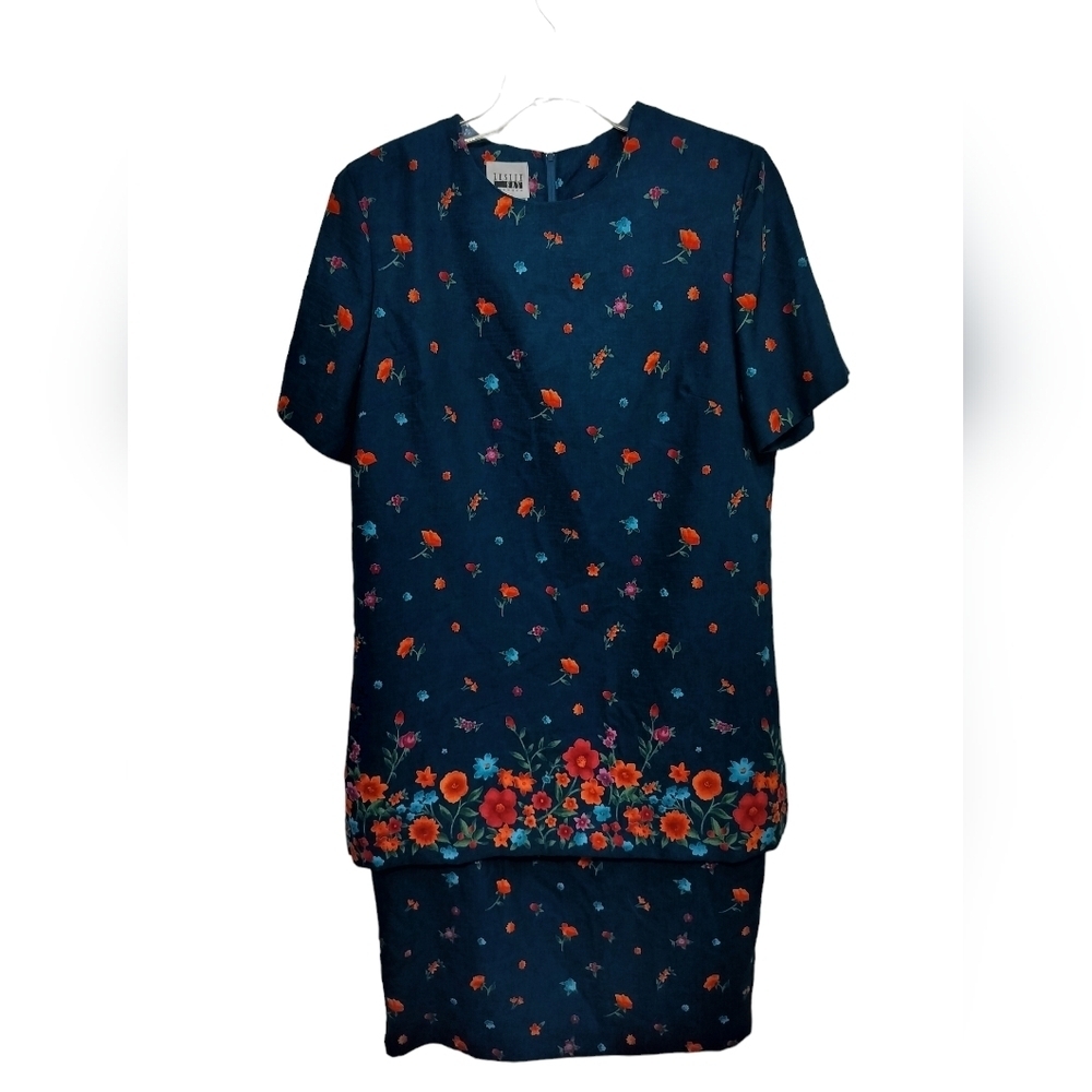 2106)Vintage Leslie Fay Floral Short Sleeve Back Zip Mom's Shift Dress Size 12